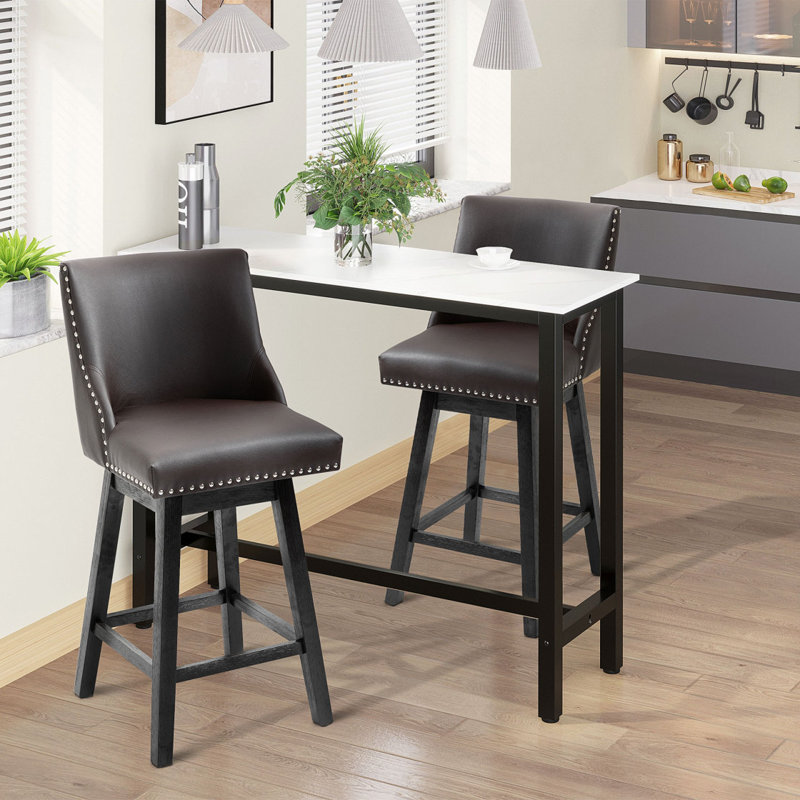 Ensemble de 2 tabourets de bar pivotants de 28 po avec accoudoirs sans garniture cloutée et pieds en bois
