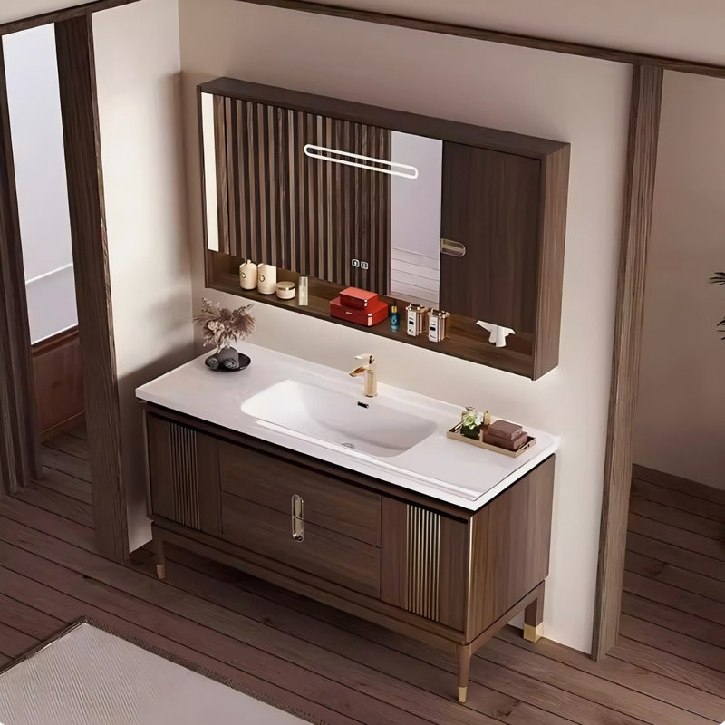 Meuble-lavabo de salle de bain 40,16 po en bois d'hévéa brun et blanc avec miroir, 40"