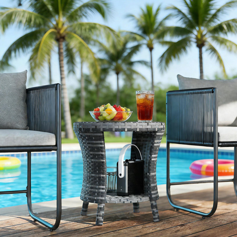 Table d'appoint, petite table basse d'extérieur en osier avec tablette, Grey Top/Dark Grey Base