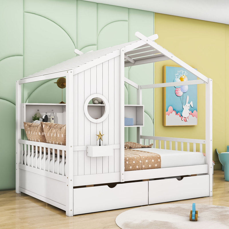 Wood Daybed with 2 Drawers and Shelves, White, Full / Double