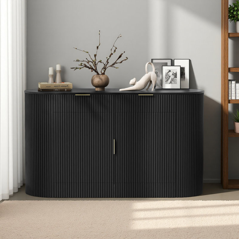 Armoire de rangement moderne 55,1 po - 2 portes et 2 tiroirs, buffet en panneau de fibres à densité moyenne avec poignées en aluminium, porte latérale incurvée et tablettes à 3 niveaux