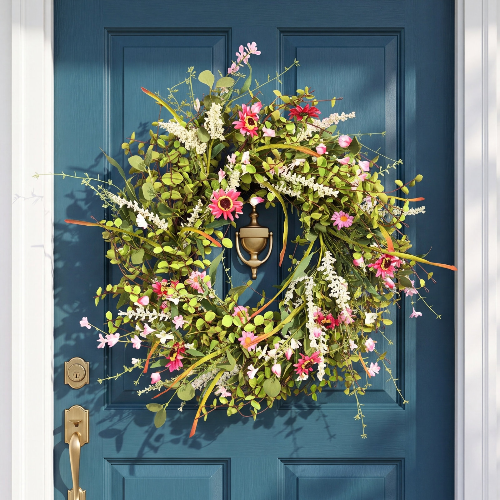 26" Artificial Farmhouse Twig Berry Blossoms Cluster Greenery Mini Eucalyptus Daisy Spring Summer Wreath For Front Door
