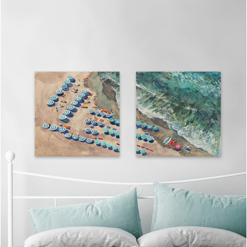 Blue Beach Umbrellas II Diptych, H 18 po x l 36 po x P 1,5 po
