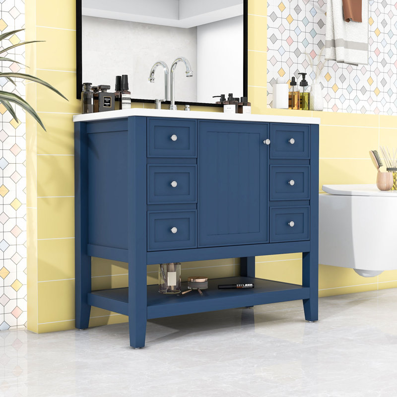 Ensemble de meuble-lavabo avec lavabo, une armoire et trois tiroirs, Bleu