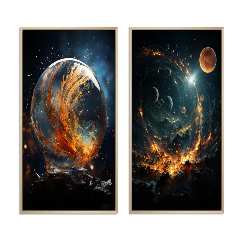 Galaxies Planets "Galaxies Planets" 2 - Pièces sur, Encadrement brun, H 32 po x l 32 po