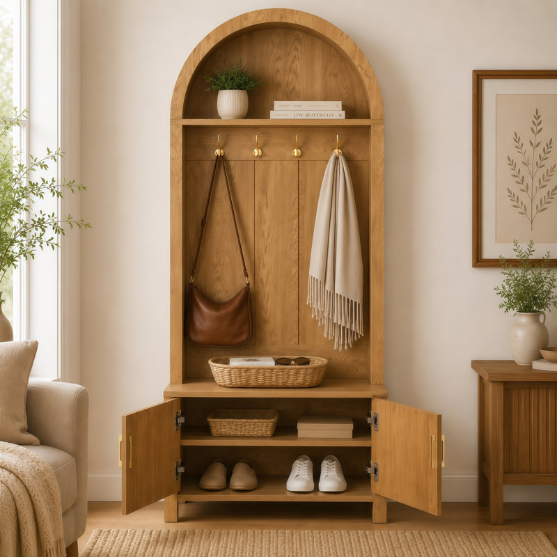 Portemanteau arqué avec banc et rangement pour chaussures, Naturel