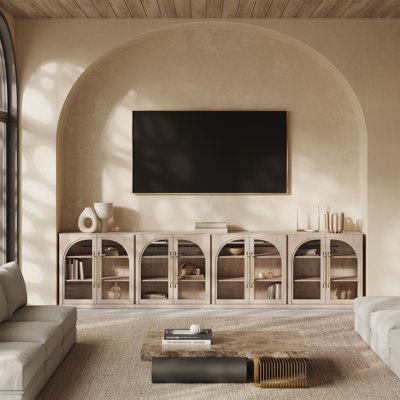 Set of 4 Modular Sideboard with Arched Display Glass Door,Sand