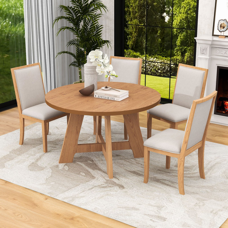 Ensemble de salle à manger 5 pièces à rallonge ronde avec rallonge amovible et 4 chaises rembourrées, Naturel
