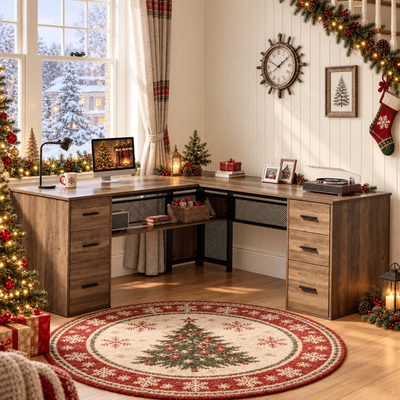 Corsair L-Shaped Executive Desk with 6 Drawers, Rustic Oak