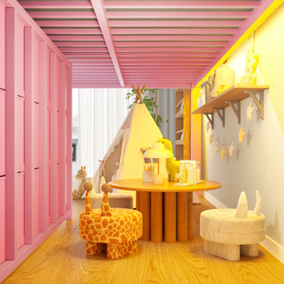 Lit simple mezzanine bas avec plusieurs espaces de rangement, y compris des tiroirs en tissu, des tablettes en tissu à côté du lit, des escaliers de rangement, un lit mezzanine en métal avec lumières et de grands espaces sous le lit, rose