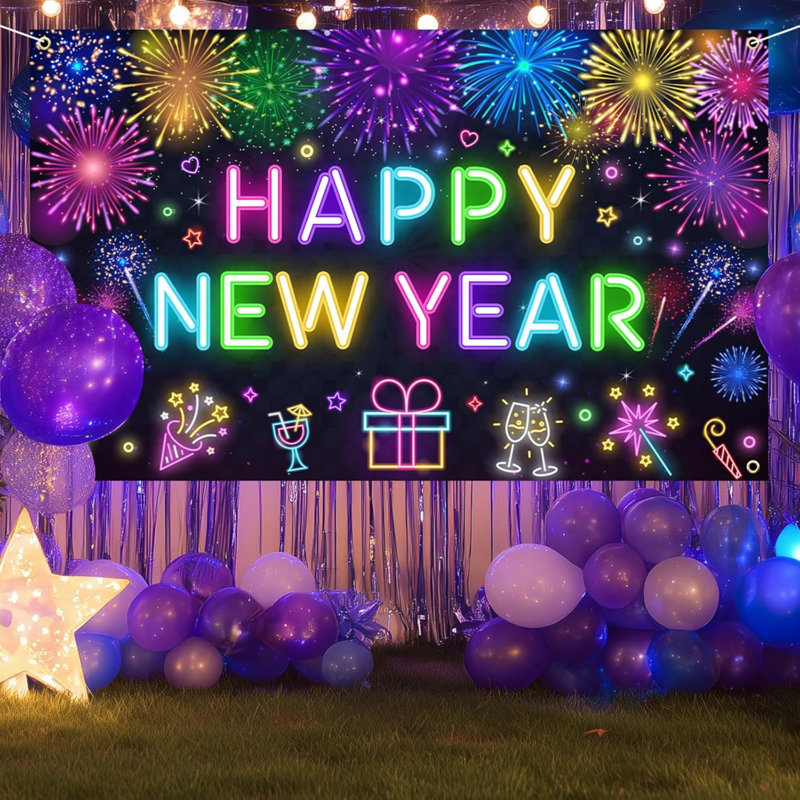 Neon Happy New Year Backdrop 2026 Nouvel An Banner In The Dark Nouvel An Accessoires de fête Accessoires pour photomaton