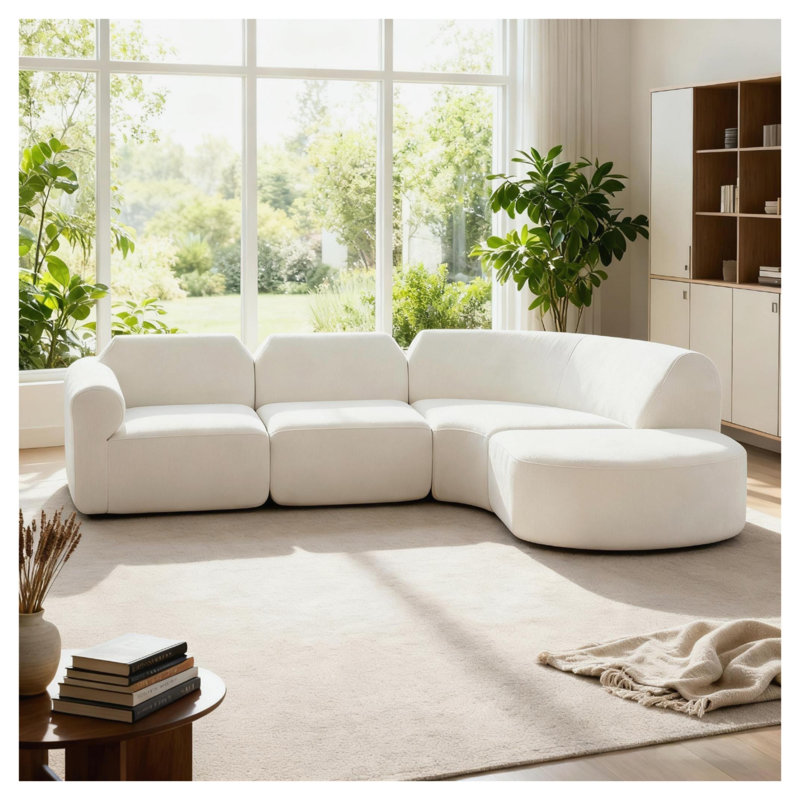 Ensemble de canapé modulaire incurvé moderne avec repose-pieds - Meuble de salon modulaire rembourré beige, Blanc