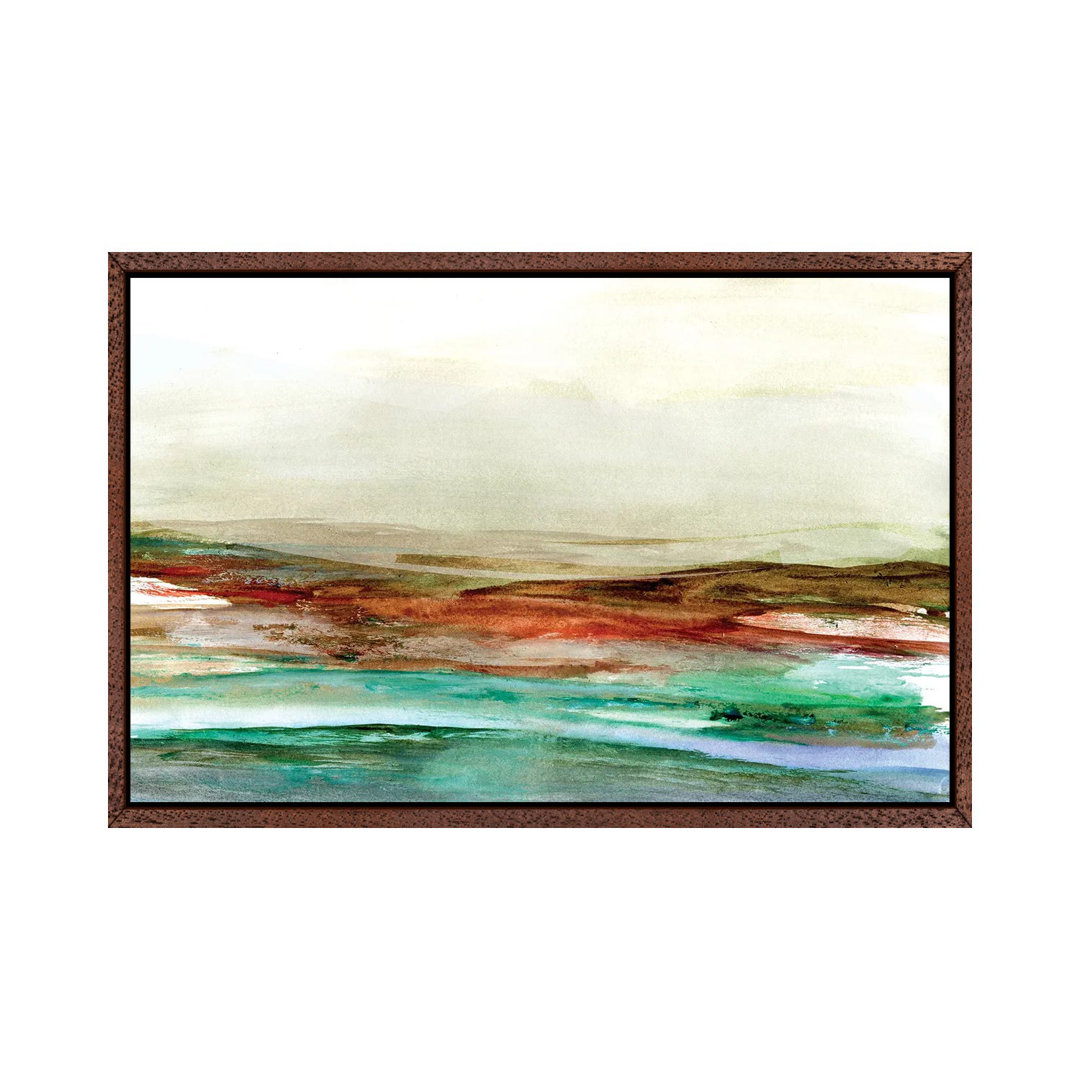 Teal Red Landscape Watercolor von Jae Landow - Galerie-verpackte Leinwand Giclée auf Leinwand