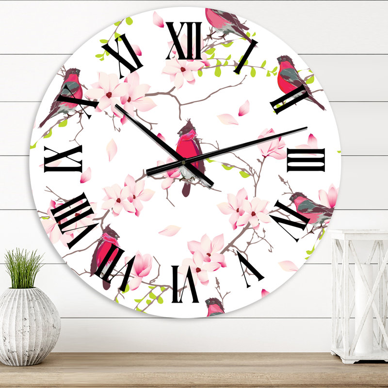 Bouvreuils rouges sur un magnolia - horloge murale traditionnelle, Surdimensionné