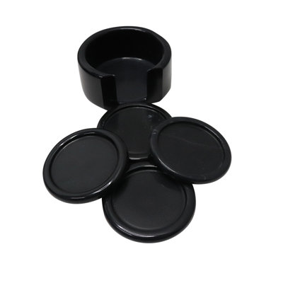 Jet Black Marble Coasters with Holder, Set of 4 Round Stone Mats, 3 Inch Drink Coaster Set