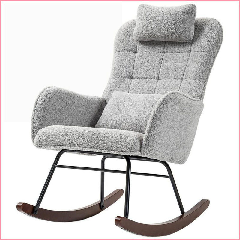 Chaise berçante moderne à haut dossier avec appui-tête et amp; Coussin lombaire, base en bois de hêtre avec structure en acier | Gris clair | Polyester