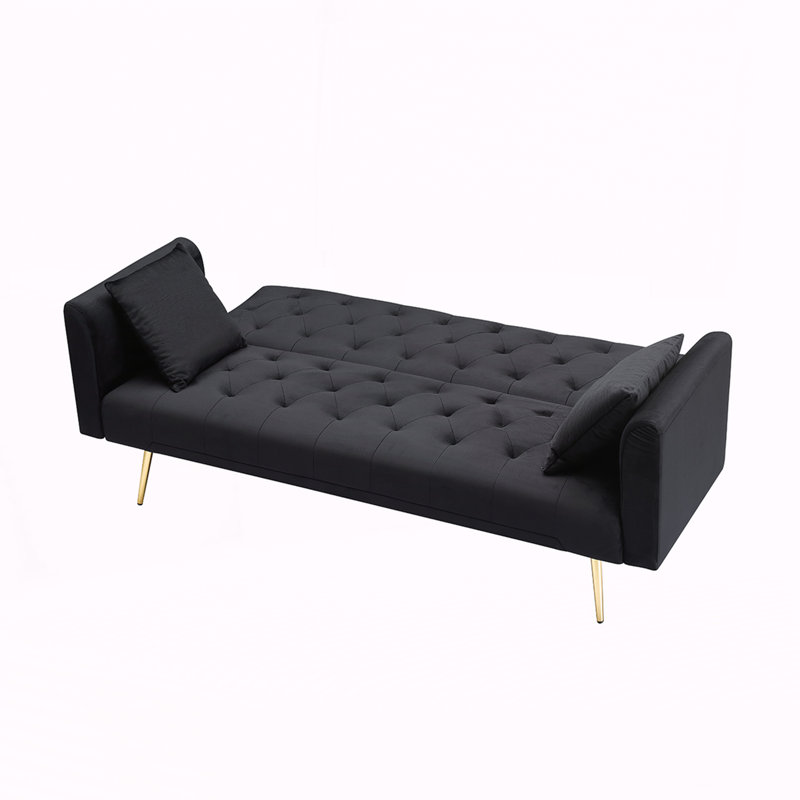 Canapé double pliable de 71 pouces, de style rétro américain, fabriqué en velours noir, idéal pour les petits salons, les chambres et les bureaux.