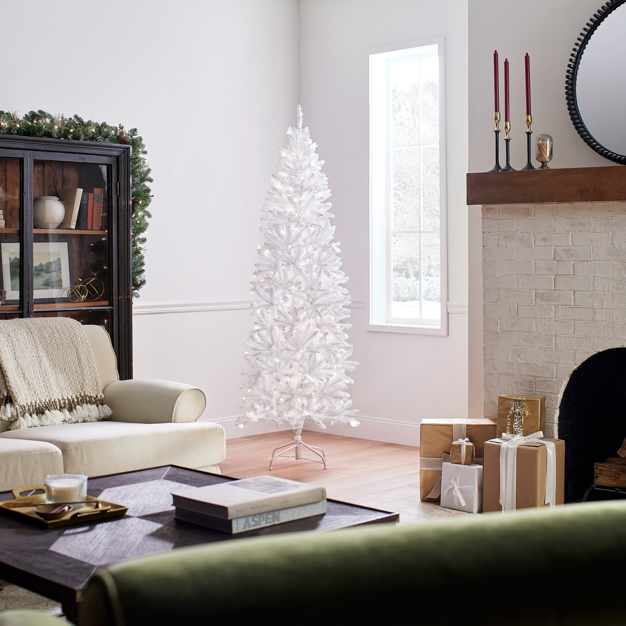 The Holiday Aisle® Kingswood Fir White Pencil Tree with Clear Lights, 6.5'