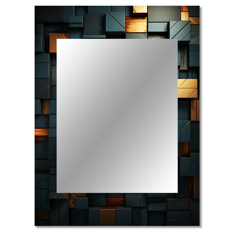 Vert et or élégant géométrique foncé I - miroir décoratif à carreaux abstraits, miroir mural moderne et contemporain, impression d'art en métal