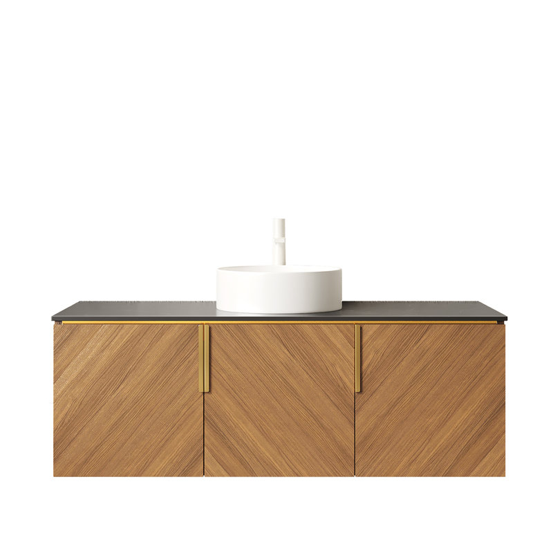 Meuble-lavabo et lavabo mural de luxe 48 po, plateau en pierre noire, finition chêne moderne