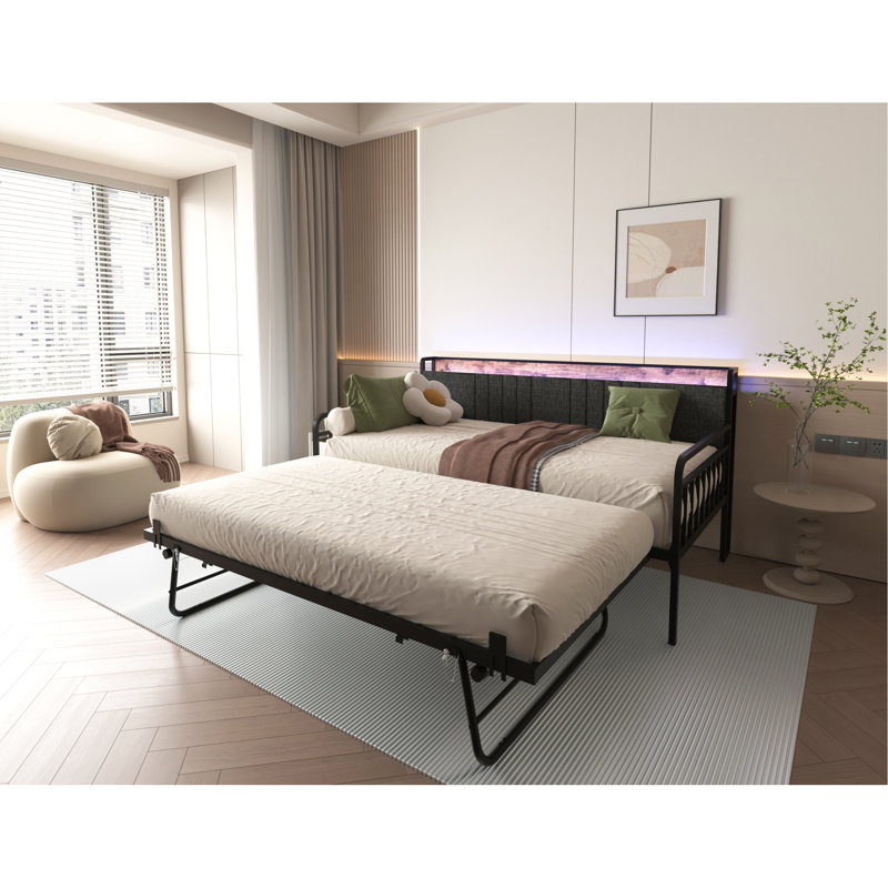 Daybed With Trundle, Sturdy Metal Twin Bed Frame With Upholstered Headboard And Charging Station For Living Room, Bedroom And Guest Room