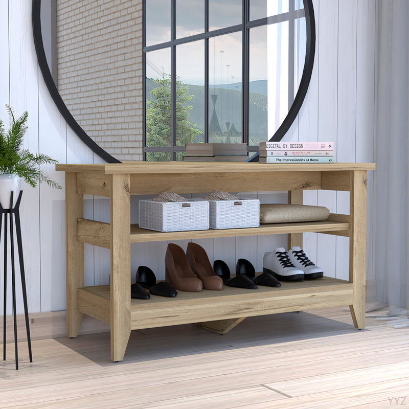 Banc de rangement Misuri, quatre pieds, deux tablettes ouvertes - chêne clair