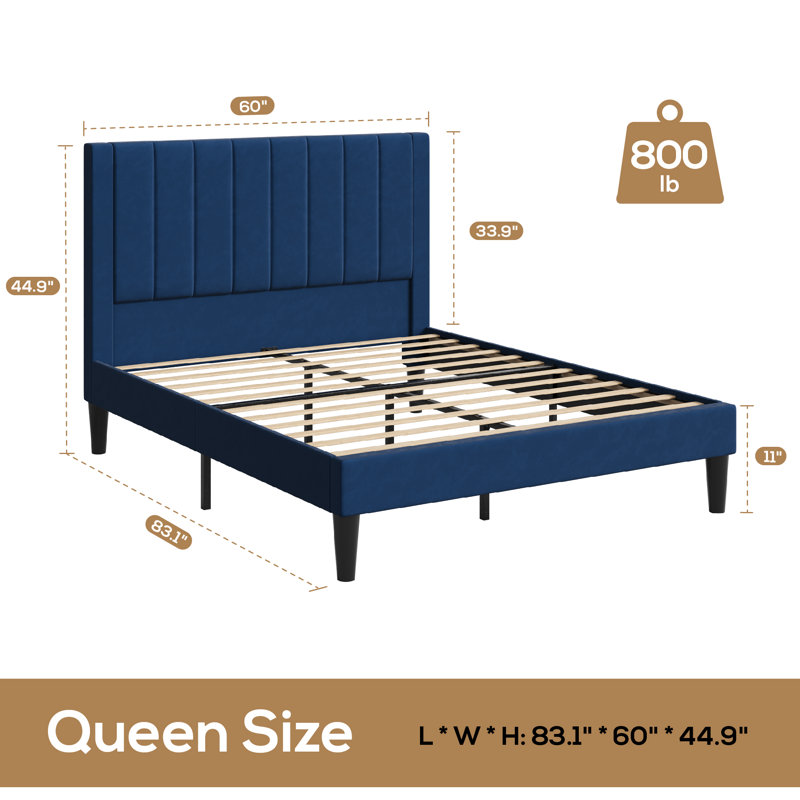 Modern Upholstered Platform Bed With Seamless Headboard, No Box Spring Needed, Full Size, Queen Size, King Size, Blue, Queen