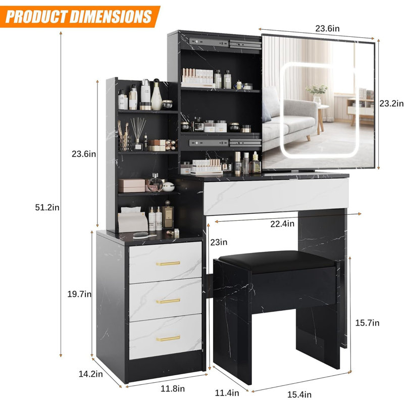 Vanity Desk with Mirror and LED Lights, Makeup Vanity Desk with Sliding Lighted Mirror, Dressing Table Set with Stool & 4 Drawers, Storage Shelves