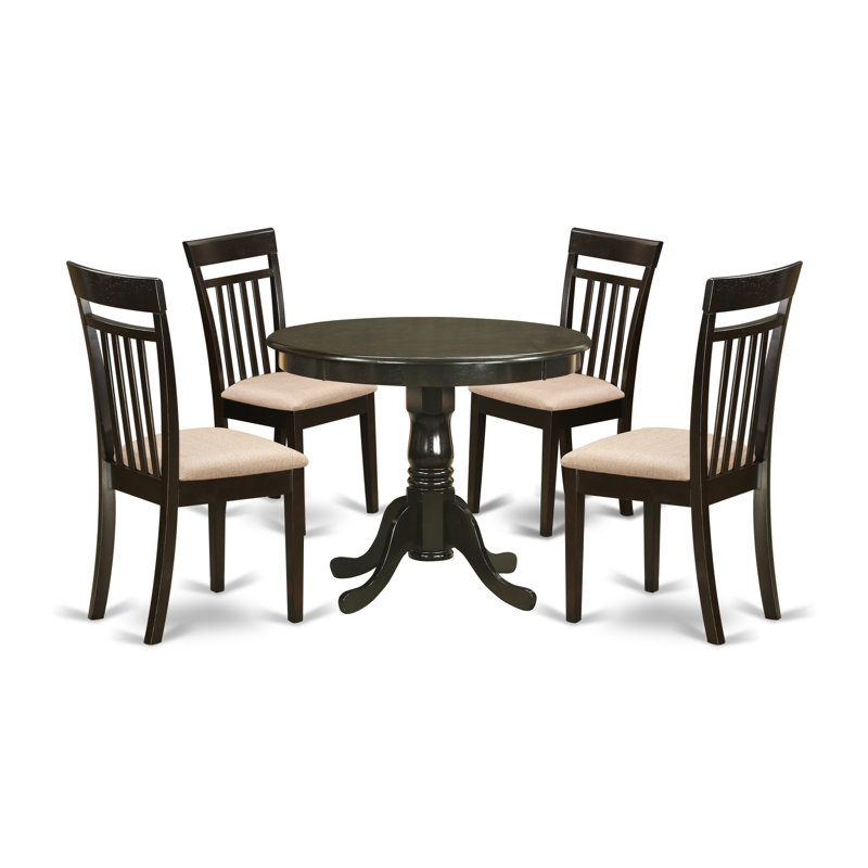 Piece Kitchen Table Set for 4 Includes a Round Dining Room Table with Pedestal and 4 Linen Fabric Upholstered Dining Chairs, Cappuccino