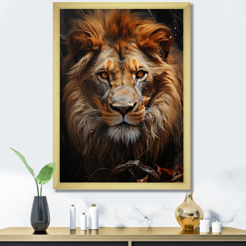 Intense Lions Gaze Realism III sur toile, H 32 po x l 24 po x P 1 po, Cadre doré simple