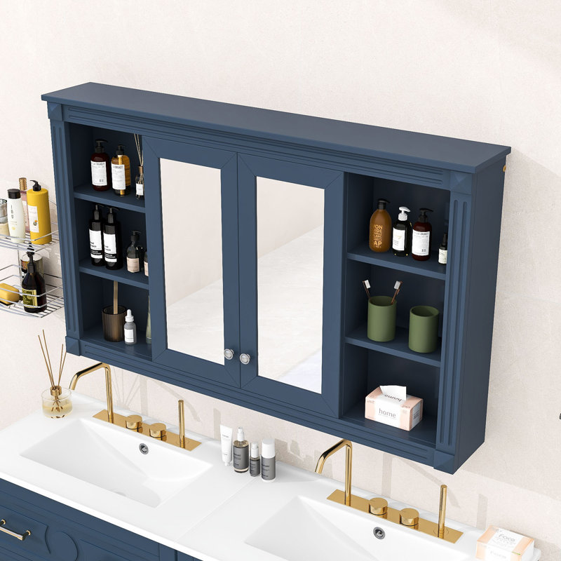 Armoire à pharmacie murale à miroir de salle de bain avec tablettes réglables et rangement ouvert, Bleu