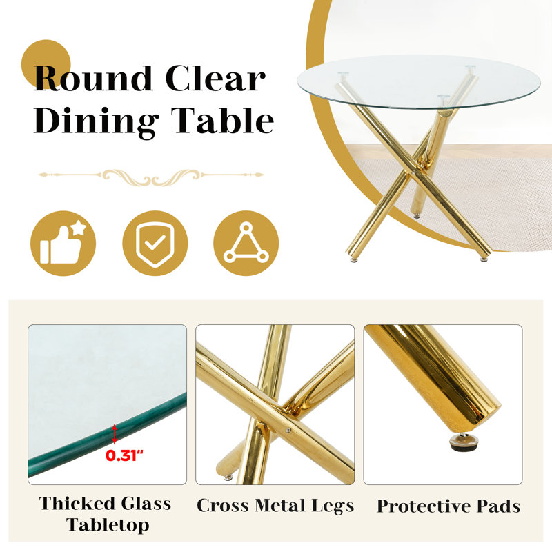 Elegant Round Glass Dining Table Set With Flower Velvet Chairs, Beige, 3 Pieces: Table, 2 Chairs, 29.52" H x 36" W x 36" D