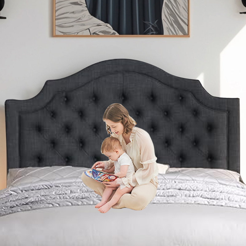 Linen Upholstered Bed with Adjustable Headboard and Button Tufting, Black, Full