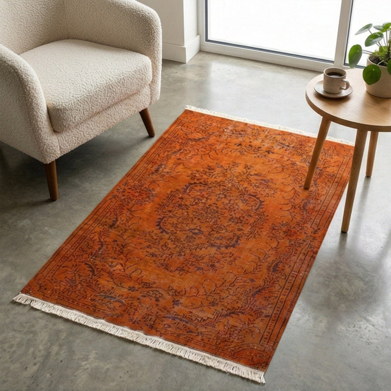 Overdyed Burnt Orange Vintage Traditional Area Rug, Red