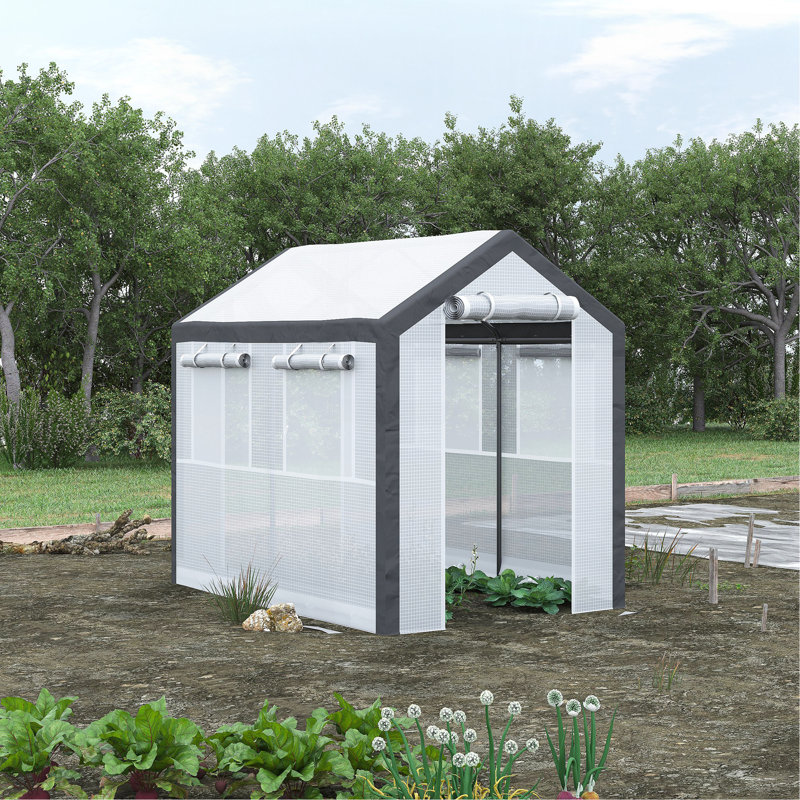Auvent de jardin 8 pi x 6 pi x 7,5 pi avec 6 fenêtres à enroulement, 2 portes à fermeture à glissière et housse de protection contre les intempéries, blanc