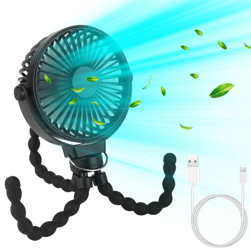 Portable Baby Stroller Rechargeable Handheld Fan with Flexible Tripod Clip On Desktop, Black