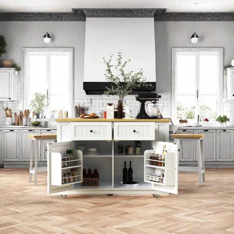 Îlot de cuisine avec 2 tabourets de bar, Blanc