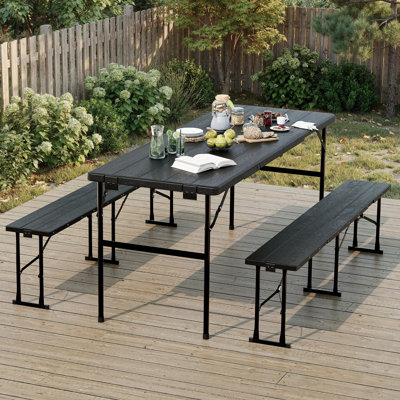 Picnic Table Set with 2 Benches,6 Feet Folding Camping Table Chair Set with Wood Grain Tabletop ,3-Piece Outdoor Indoor Portable Folding Furniture for Party, Camping, Picnic, Weddings