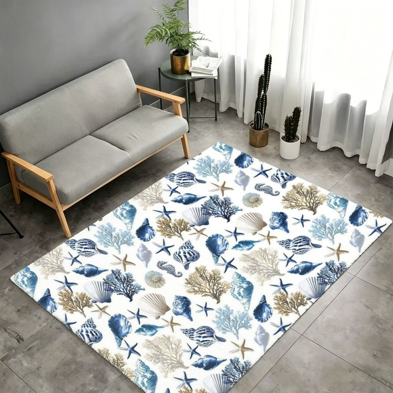 Blue White Seashell 5 x 7 Ft Area Rug, For Bedroom, Nursery