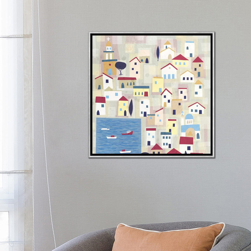 « Halki » par Nic squirrell-impression d’art graphique, H 26 po x l 26 po x P 1,5 po, Toile avec cadre argenté, Pas de tapis