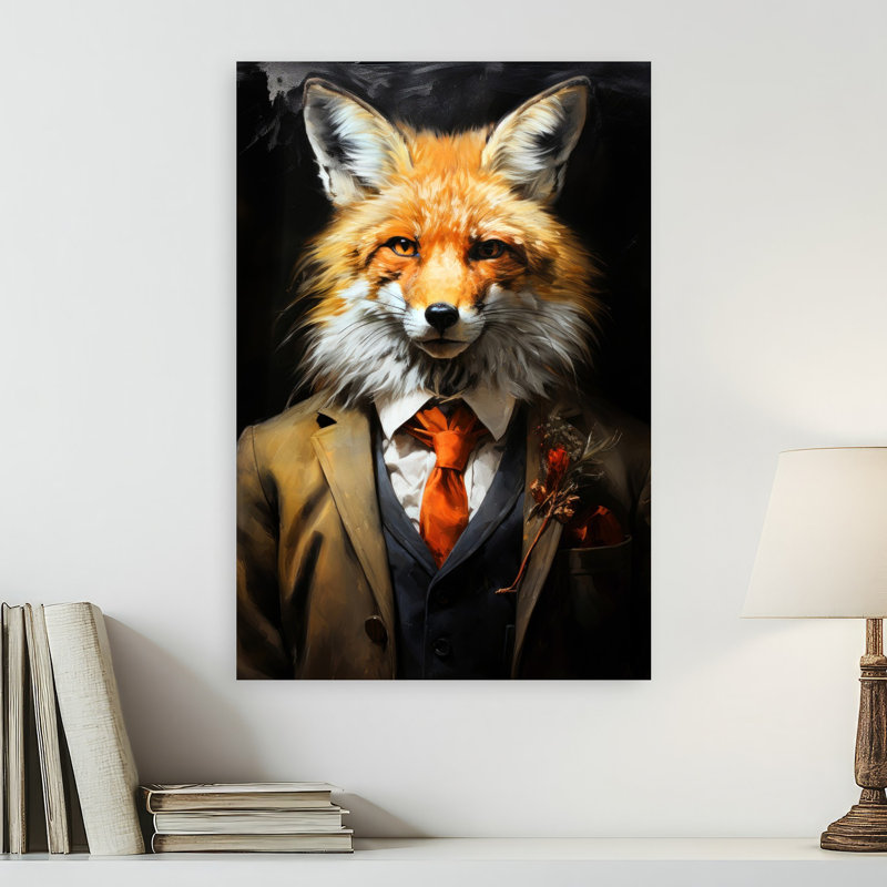 Élégant renard en costume, art contemporain forêt de renard, 24" H x 16" W