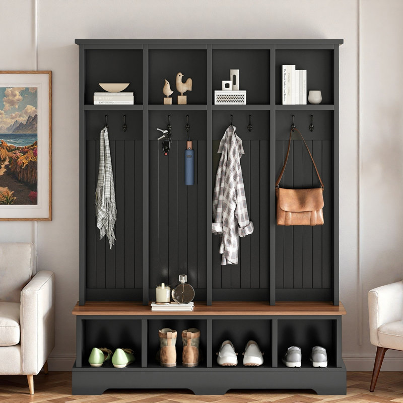 Farmhouse Wide Hall Tree With 8 Hooks, Bench And Open Compartments, Black