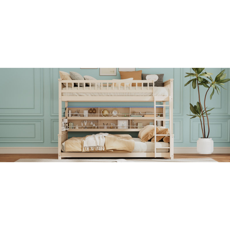 Lit double superposé au-dessus de grand lit double avec tablettes intégrées, lumières à changement de couleur et panneau perforé, beige