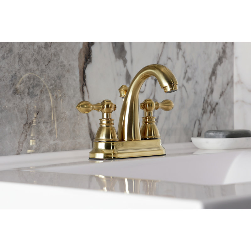 Kingston Brass American Classic Two-Handle 3-Hole Deck Mount 4" Centerset Bathroom Faucet with Plastic Pop-Up, Satin Brass