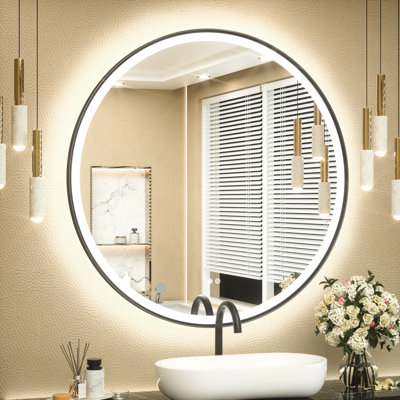 Miroir de salle de bain rond arrondi à DEL à intensité variable avec miroir de salle de bain à réglage de 3 couleurs et miroir de salle de bain rétro-éclairé avec verre trempé