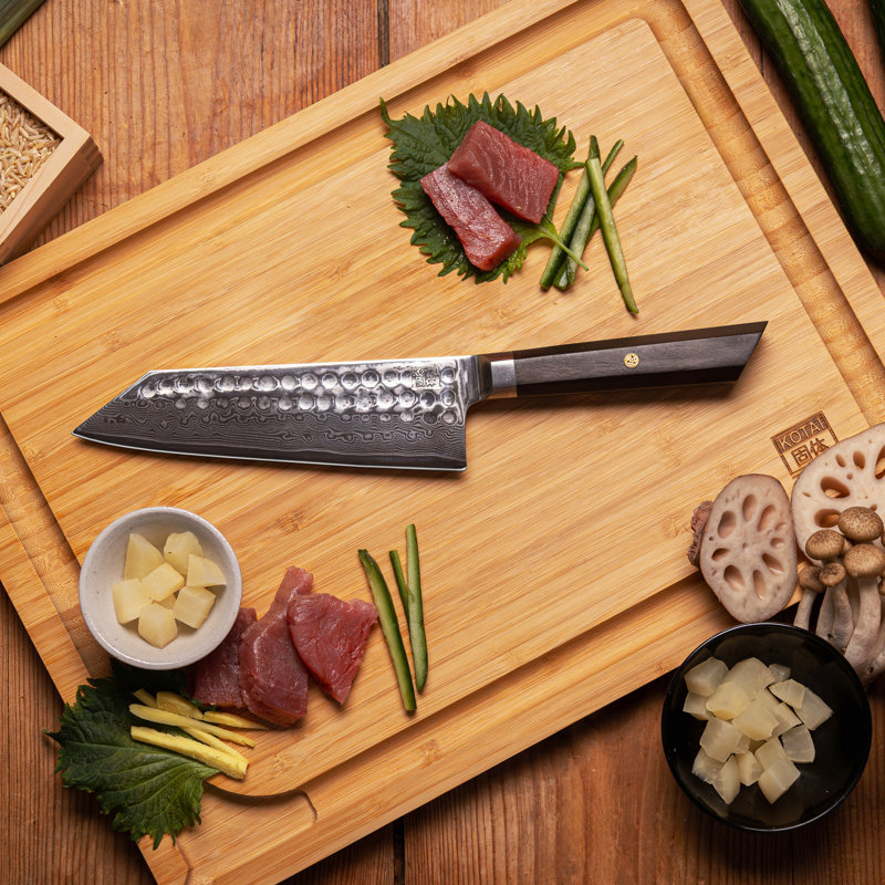 Bunka Santoku en acier Damas avec bambou Saya et boîte en bambou - lame de 170 mm