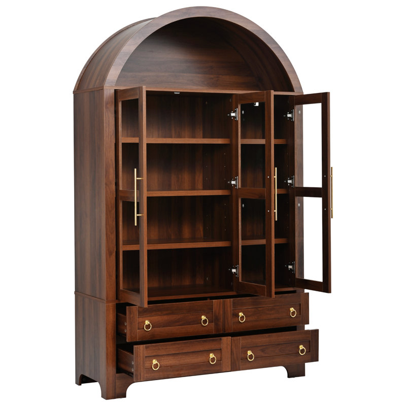 Grand garde-manger avec portes, 4 tiroirs, poignées dorées et tablettes réglables, Noyer
