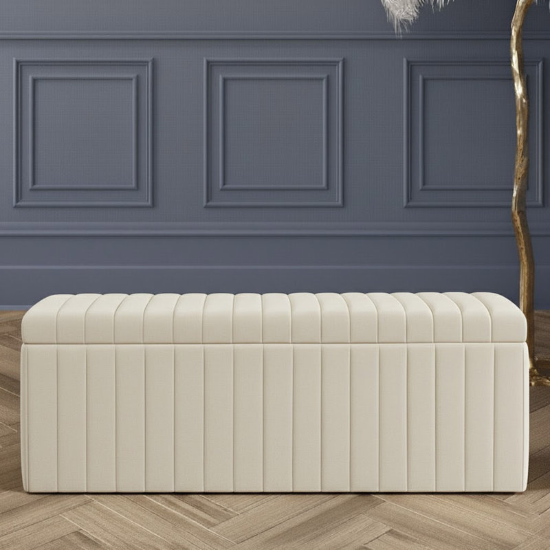 Lux Striped Wide Velvet Rectangle Solid Color Standard Ottoman Box with Storage, 40 cm H x 90 cm W x 42 cm D, Cream
