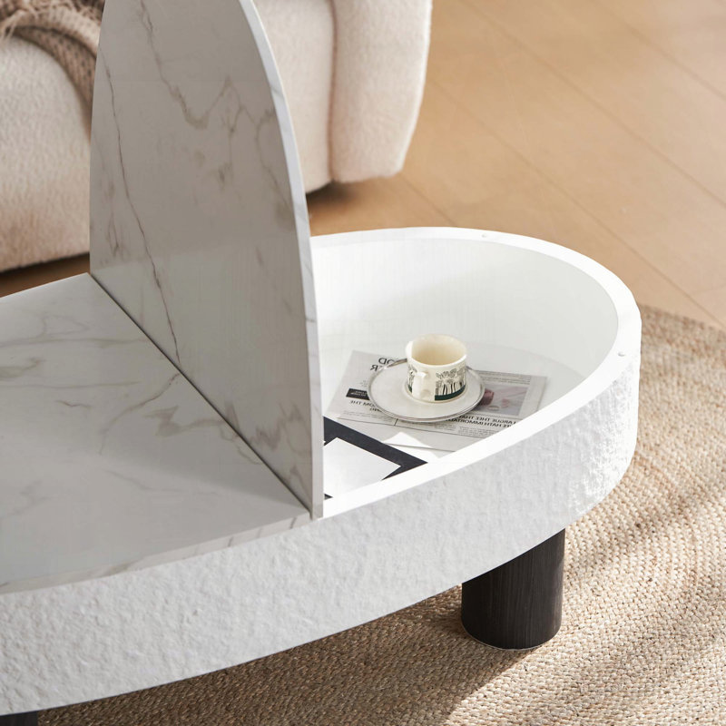 Table basse ovale avec plateau en faux marbre et tiroir caché - blanc