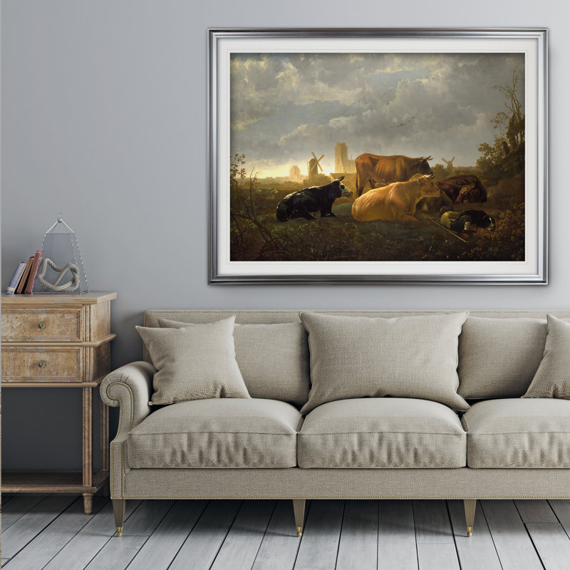 « the small dort », reproduction de peinture à l’huile sur toile tendue encadrée, Cadre argenté, H 31 po x l 43 po x P 1,5 po